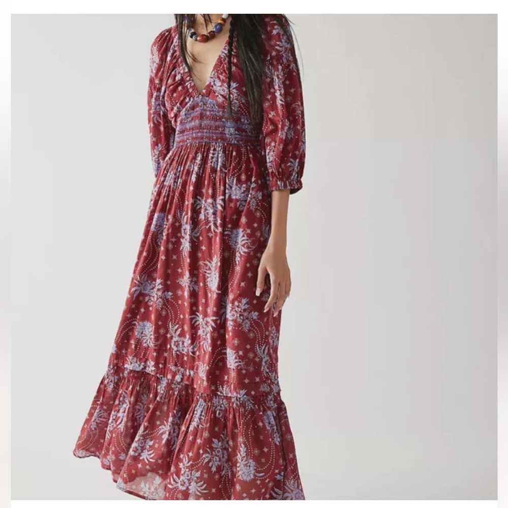 Free People Golden Hour Maxi Boho Dress in Wine Combo Medium